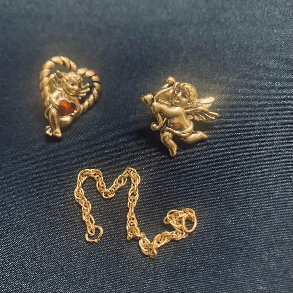 Vintage Avon Cupid Angel Heart Double Tac Pin Chatelaine Valentines Day Signed